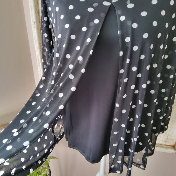 Notations Women's 3/4 Sheer Sleeve Open Drape Embellished Top in Black Polka Dot - Picture 3 of 9